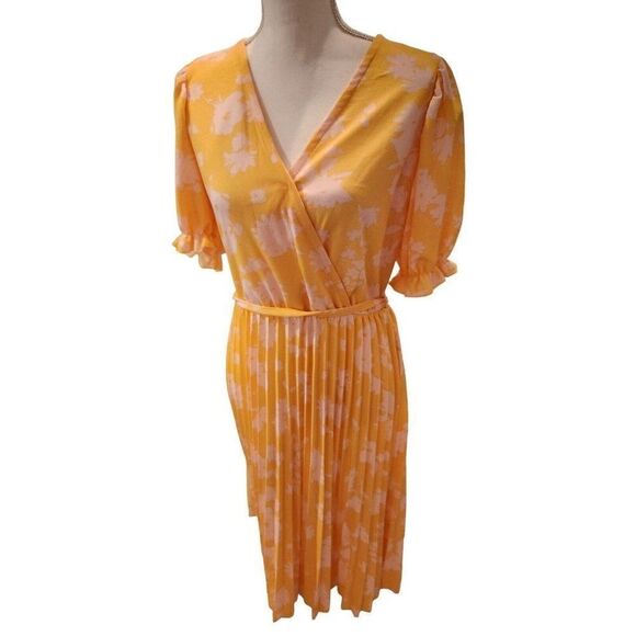 Lark Grey Orange Pink Short Sleeve Accordion Pleats Dress L Casual Surplice Midi - Picture 1 of 5